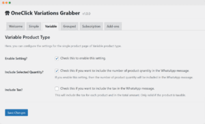 OneClick Variations Grabber Variable Product Type settings tab