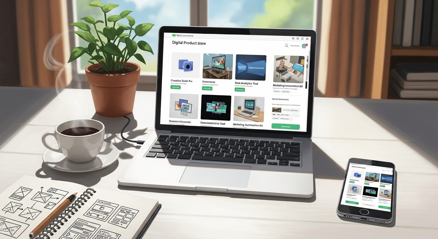 Laptop and smartphone displaying a digital product store interface alongside a coffee cup and plant, capturing a modern workspace vibe.