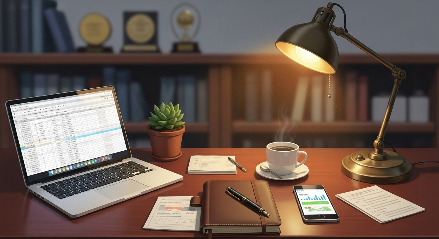 Cozy office workspace featuring a laptop with spreadsheet, a steaming coffee cup, a smartphone displaying graphs, and a desk lamp.