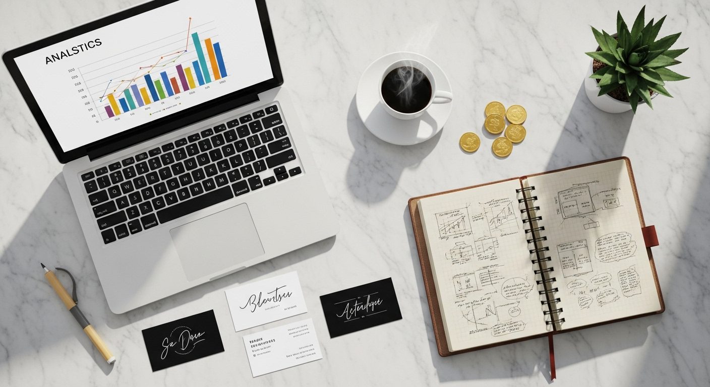 Workspace featuring a laptop displaying analytics, a notebook with sketches, a steaming cup of coffee, and business cards.