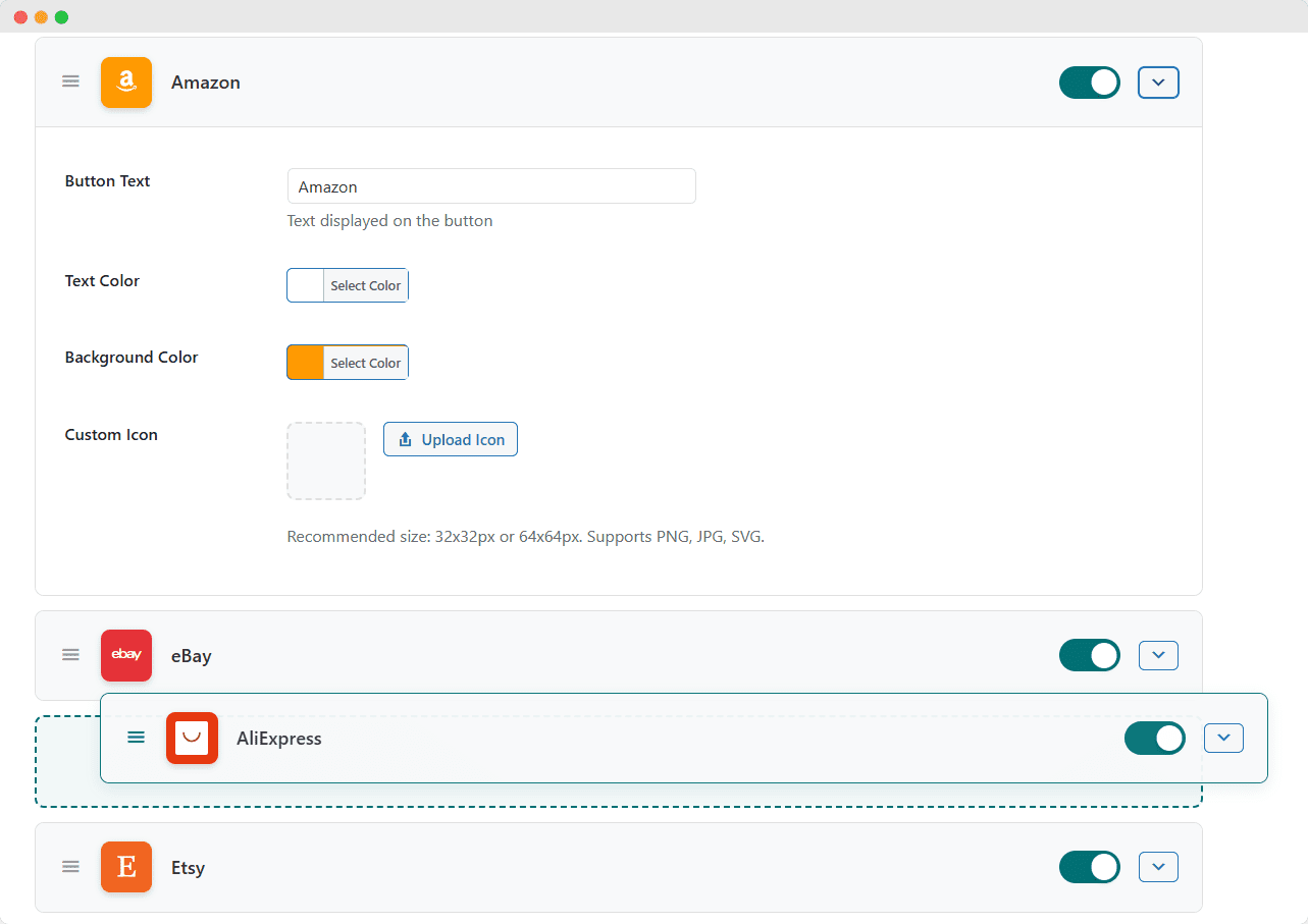 External Marketplace Buttons Drag and Drop Reordering