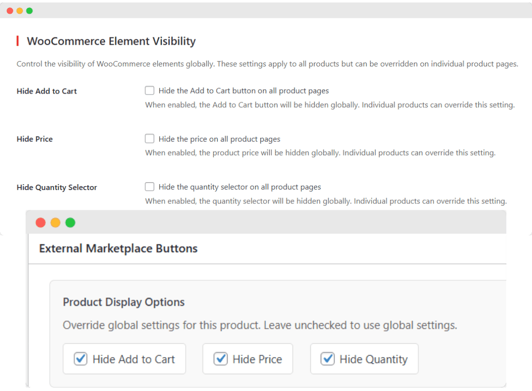 External Marketplace Buttons WooCommerce Element Controls