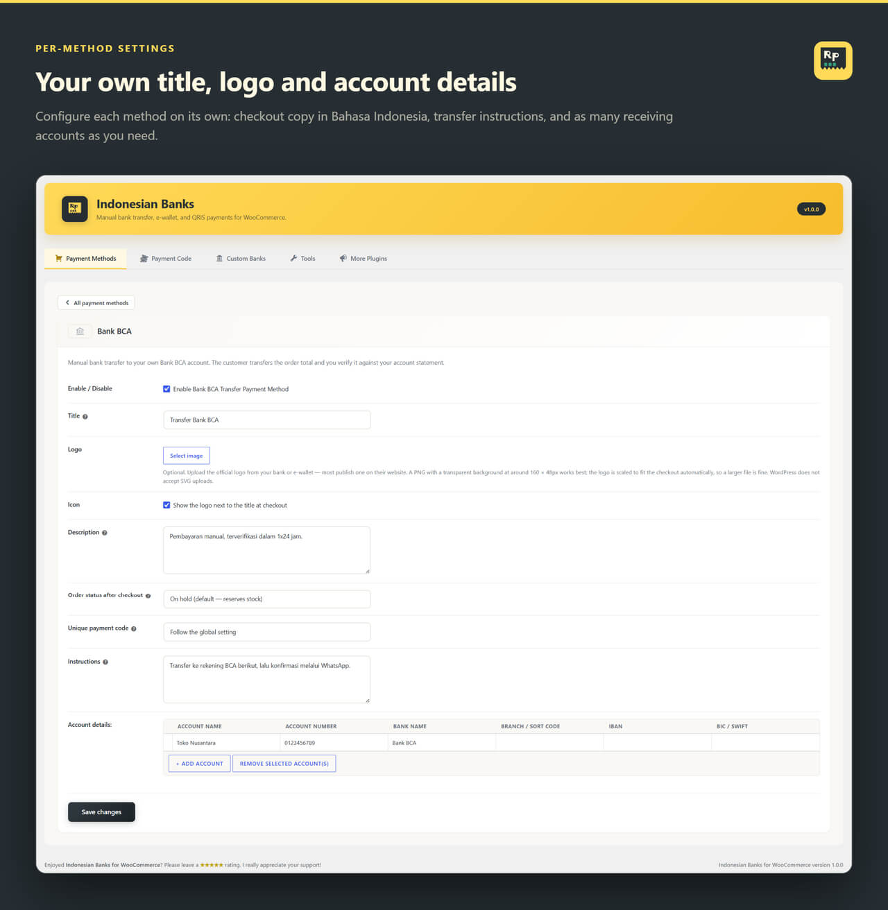 Indonesian Banks for WooCommerce configuring a bank