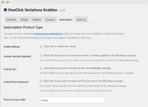 OneClick Variations Grabber Subscription Product Type settings tab