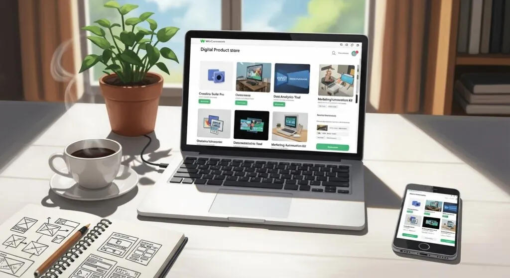 Laptop and smartphone displaying a digital product store interface alongside a coffee cup and plant, capturing a modern workspace vibe.