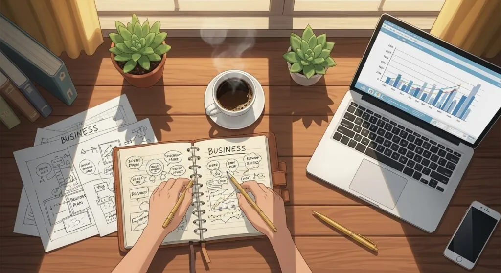 A workspace featuring hands writing in a business planner, coffee cup, laptop displaying charts, and notes on business strategies.