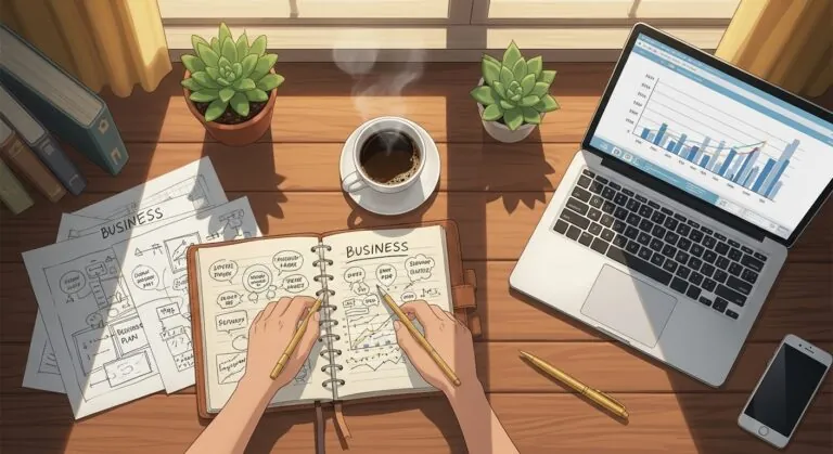 A workspace featuring hands writing in a business planner, coffee cup, laptop displaying charts, and notes on business strategies.