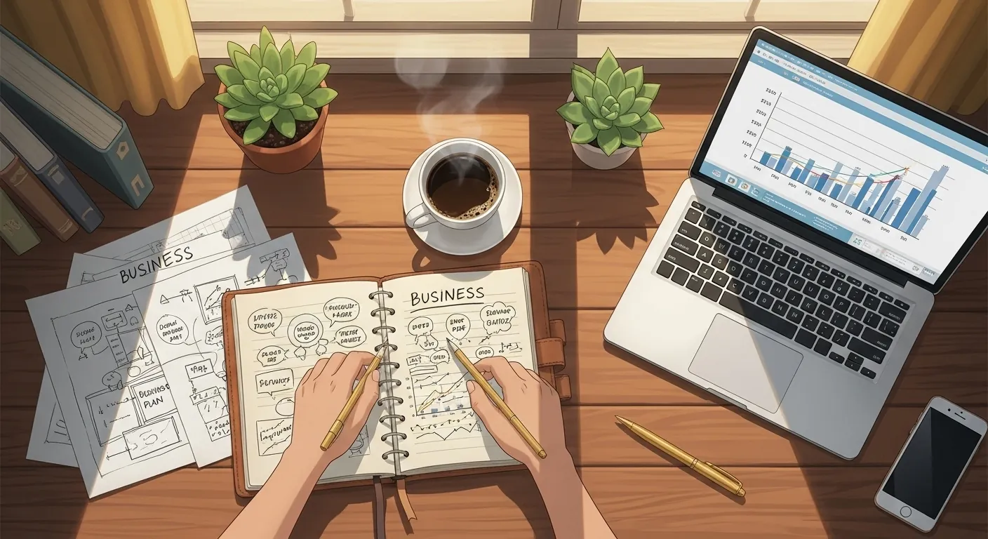 A workspace featuring hands writing in a business planner, coffee cup, laptop displaying charts, and notes on business strategies.