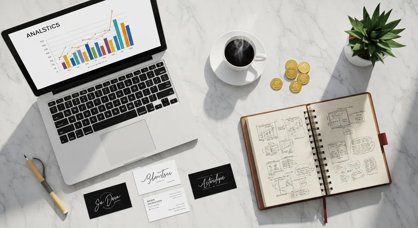 Workspace featuring a laptop displaying analytics, a notebook with sketches, a steaming cup of coffee, and business cards.