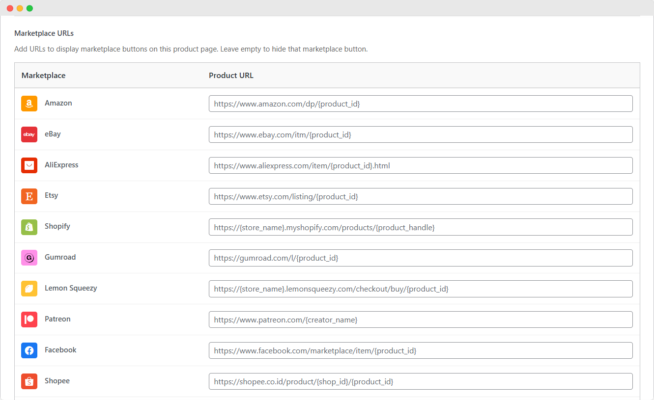 External Marketplace Buttons Adding Marketplace URLs to Products