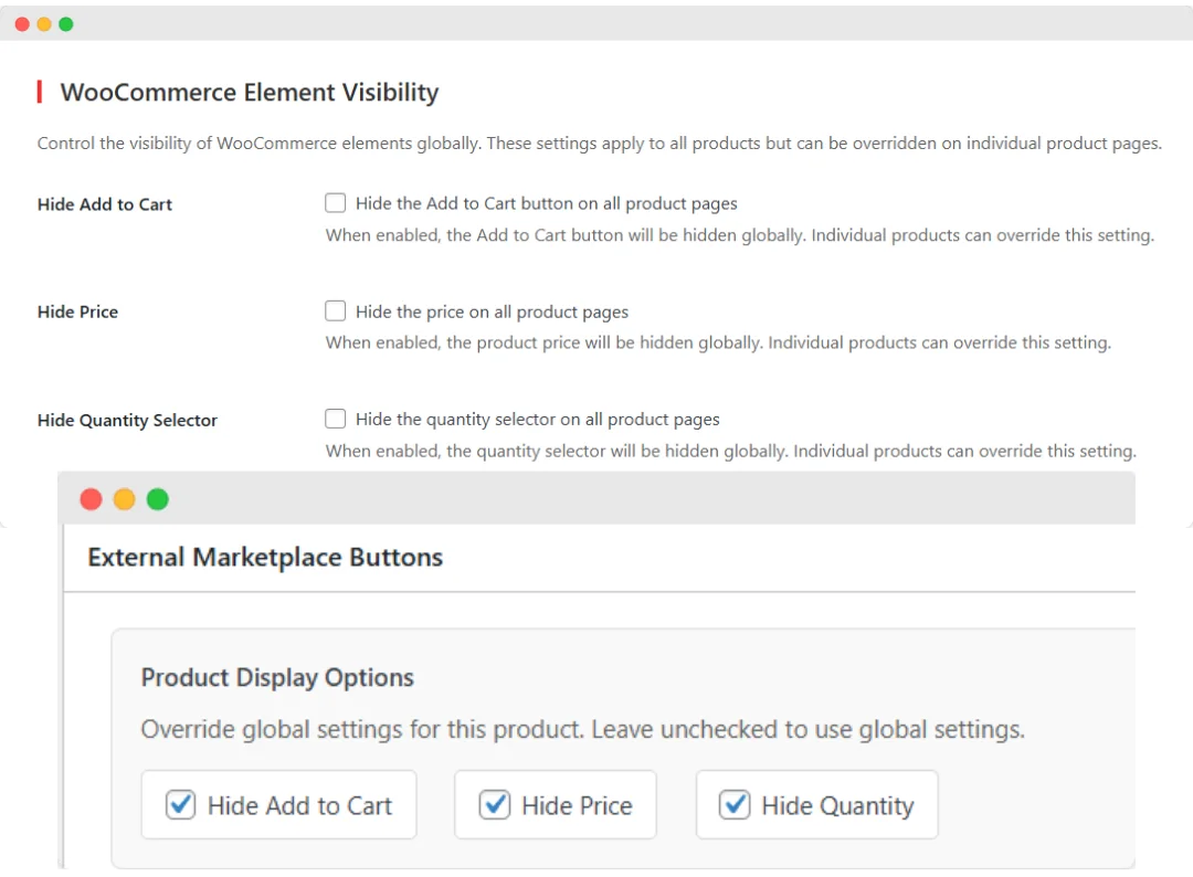 External Marketplace Buttons WooCommerce Element Controls
